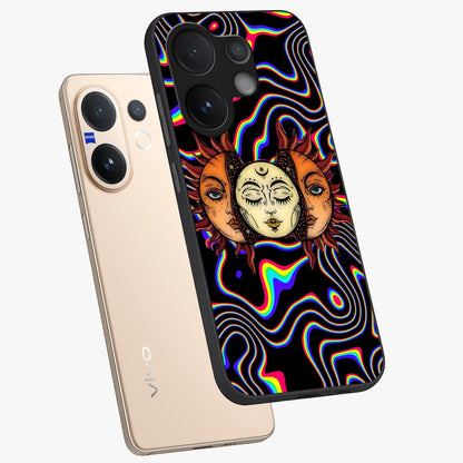 Psychedelic Sun Glass Case displayed in angled mockup highlighting vibrant abstract sun design with artistic aesthetic style.