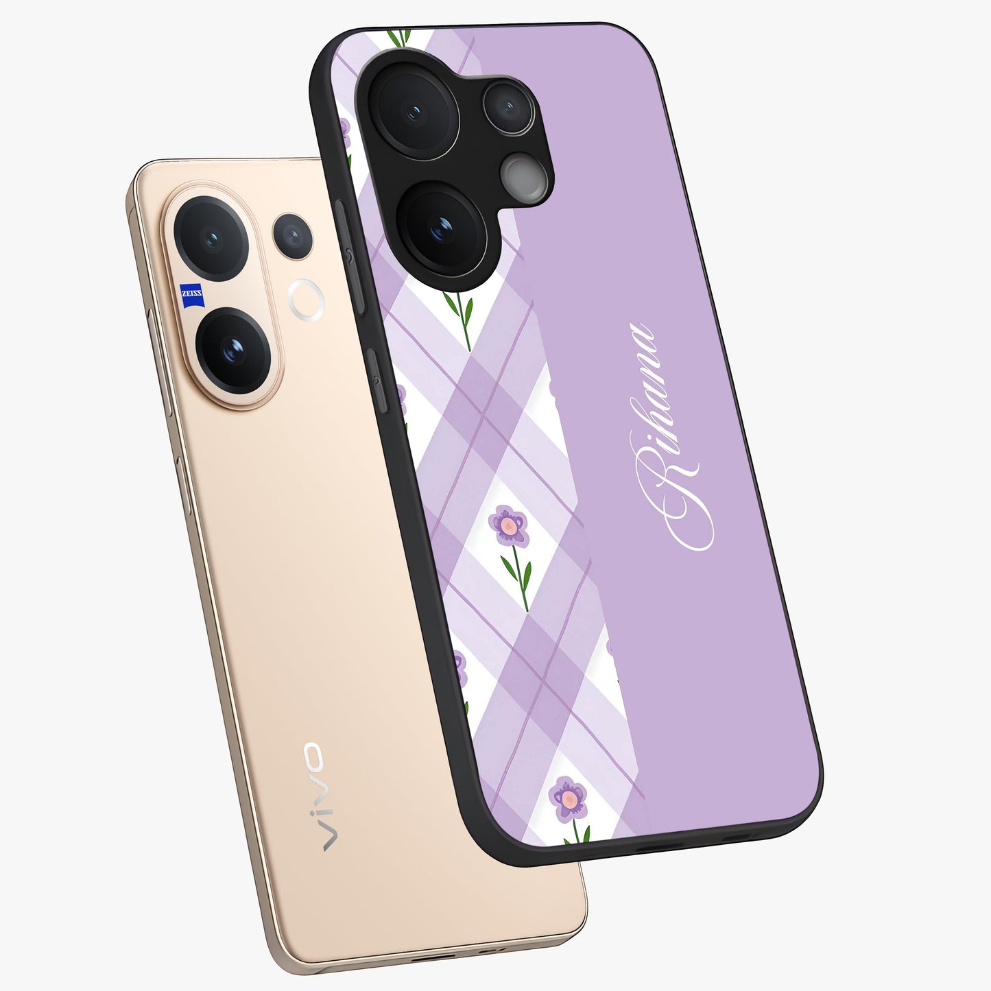 Purple Diamond Floral Glass Case displayed in angled mockup highlighting elegant purple flower design with decorative pattern.