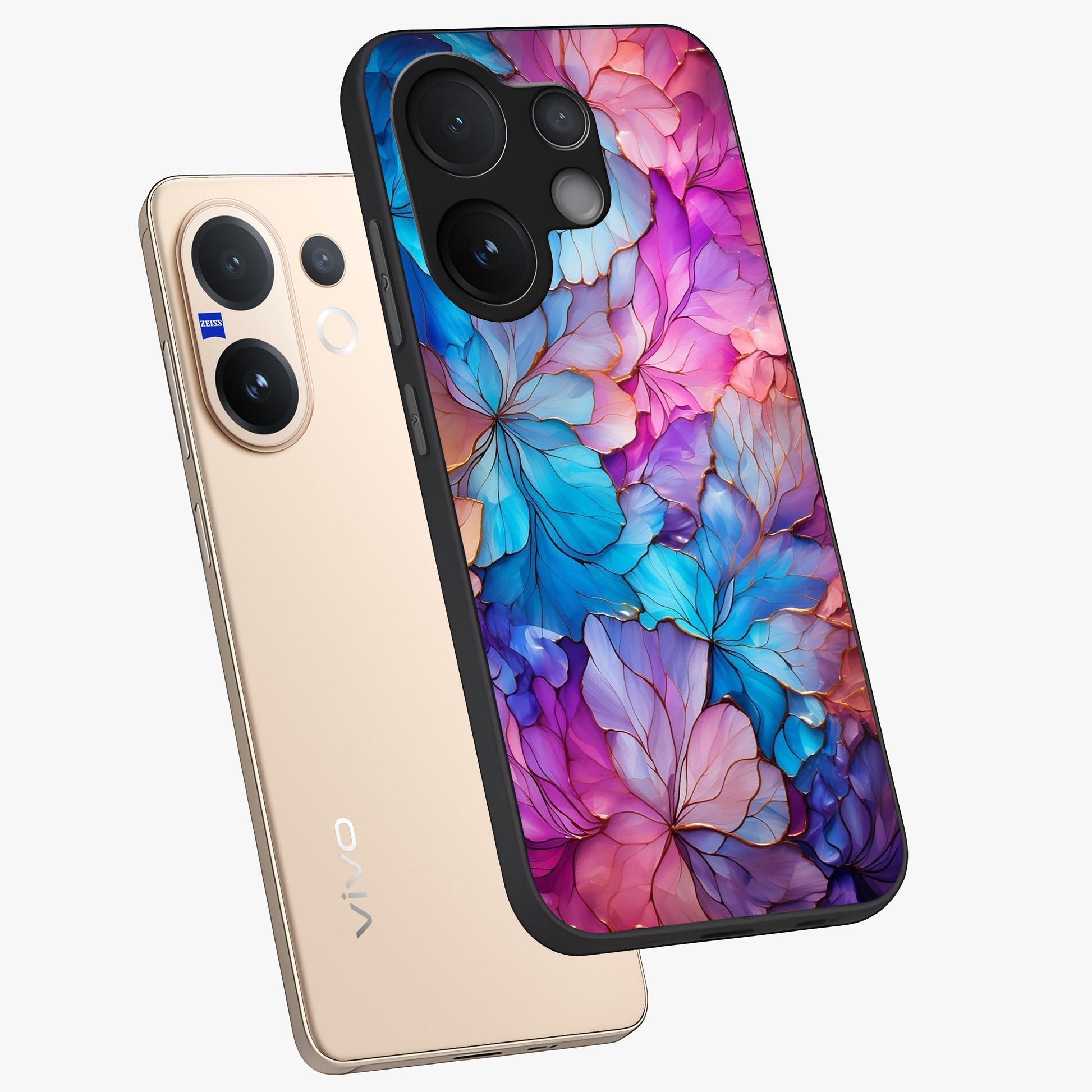 Radiant Floral Whirl Glass Case displayed in angled mockup highlighting vibrant flower pattern with dynamic artistic aesthetic.