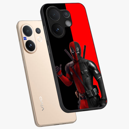Red & Black Deadpool Theme Glass Case displayed in angled mockup highlighting vibrant superhero style illustration with action aesthetic.