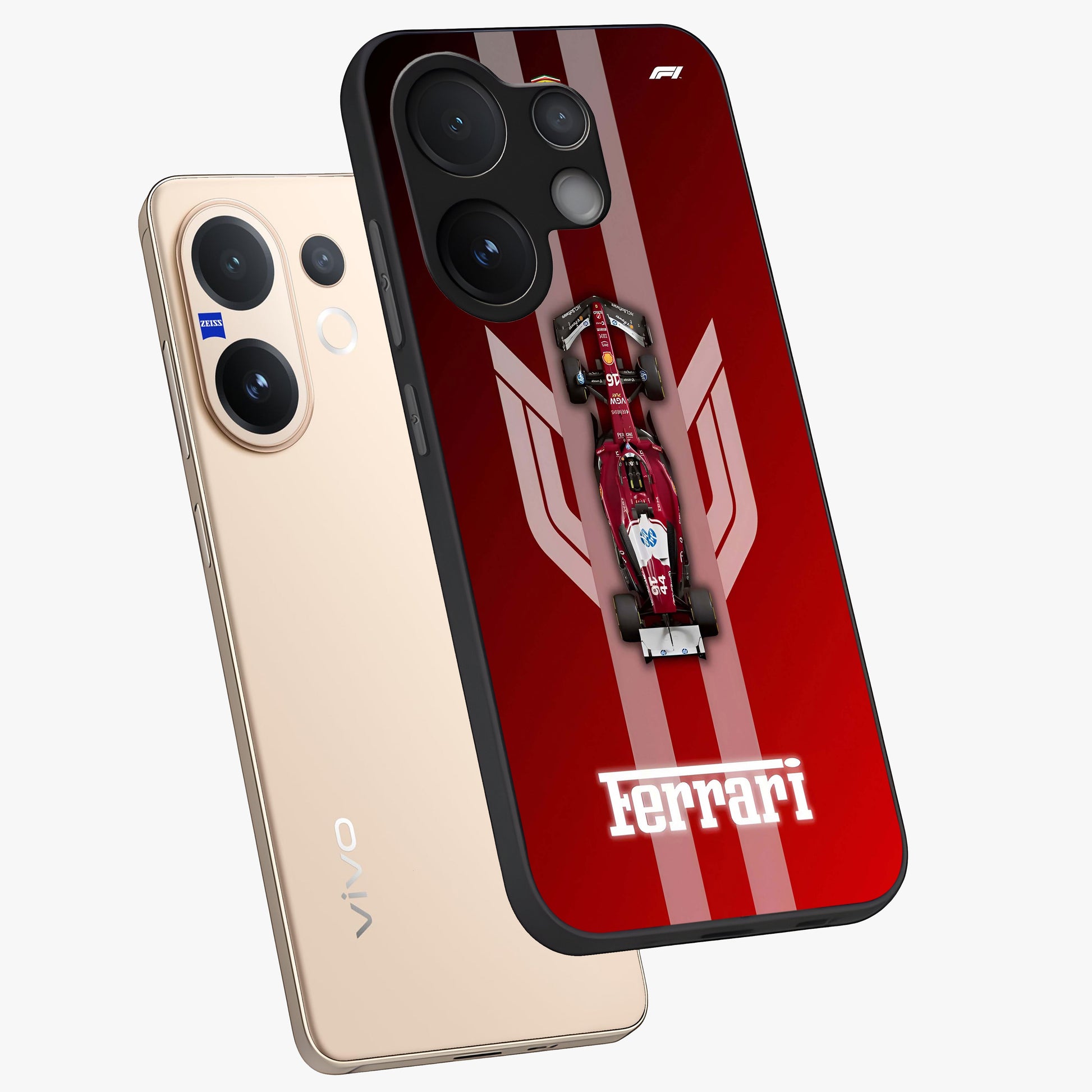 Red Ferrari F1 Vertical Glass Case displayed in angled mockup highlighting high speed racing design with bold automotive aesthetic.