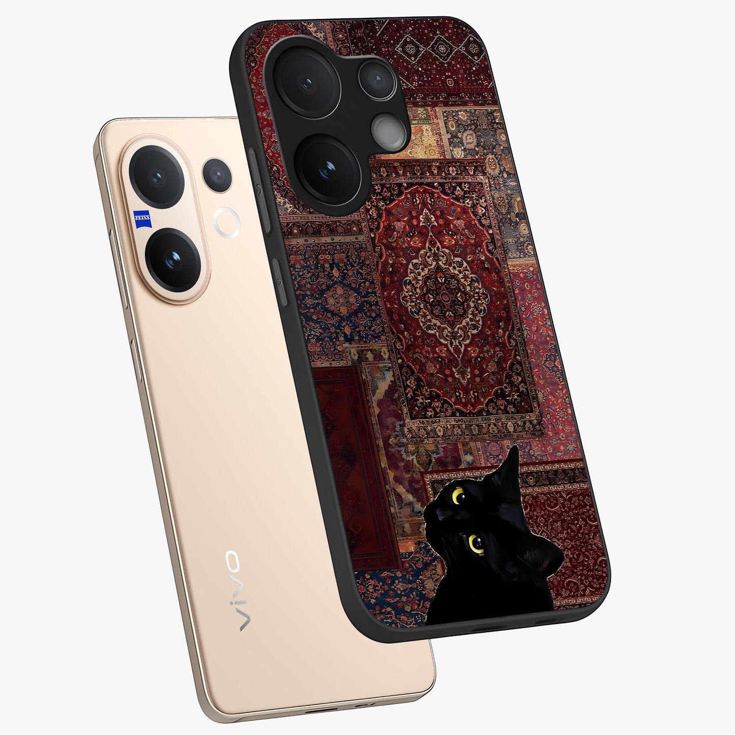 Regal Magic Cat Apple Glass Case displayed in angled mockup highlighting whimsical feline design with fantasy aesthetic.