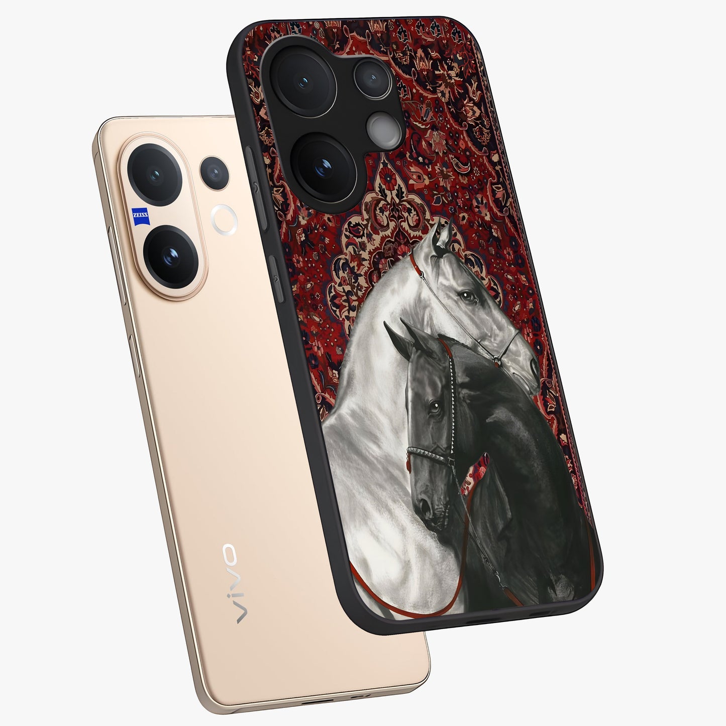 Regal Stallion Tapestry Glass Case displayed in angled mockup highlighting royal stallion design with decorative heritage aesthetic.