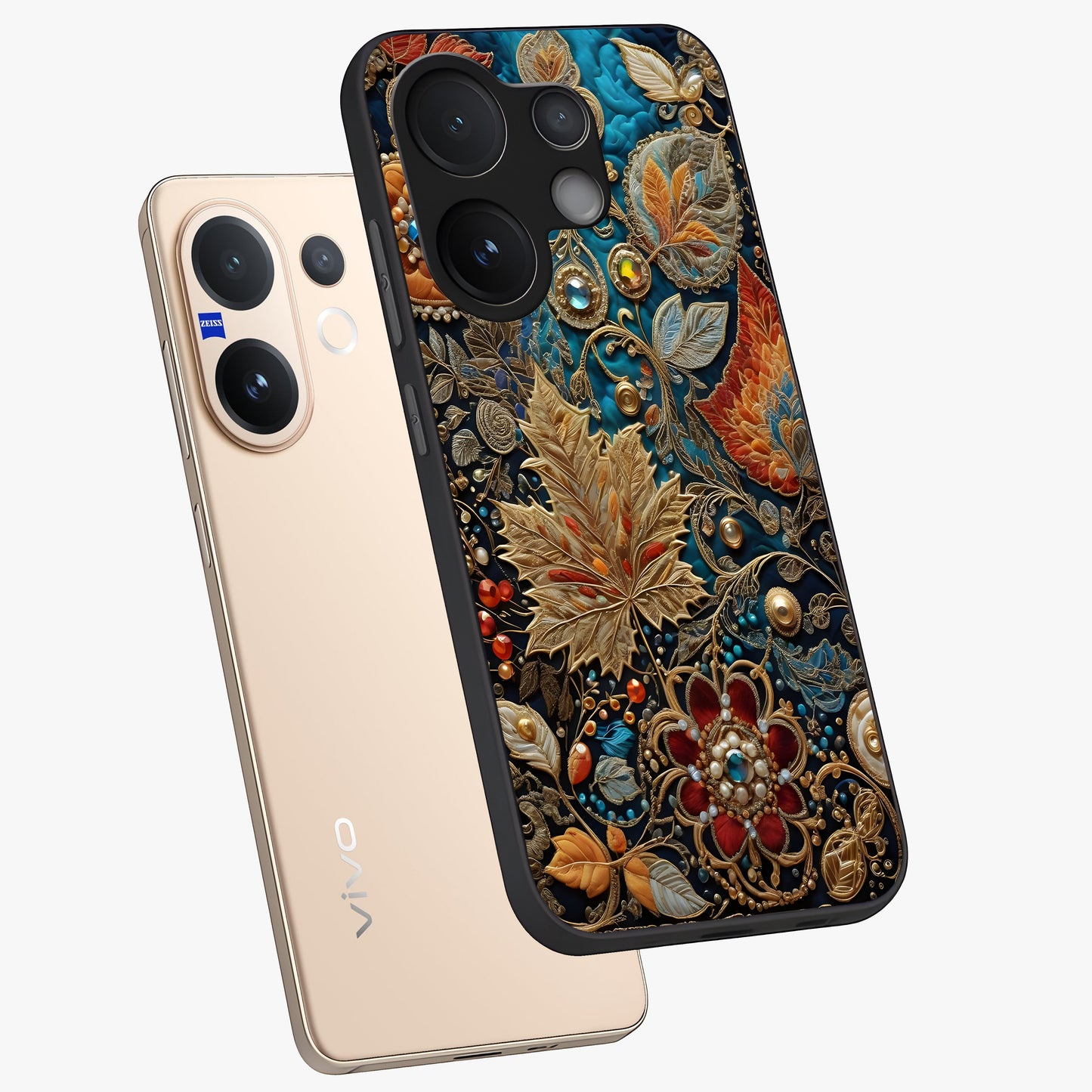 Royal Jewel Garden Glass Case displayed in angled mockup highlighting vibrant jewel inspired floral design with elegant aesthetic.
