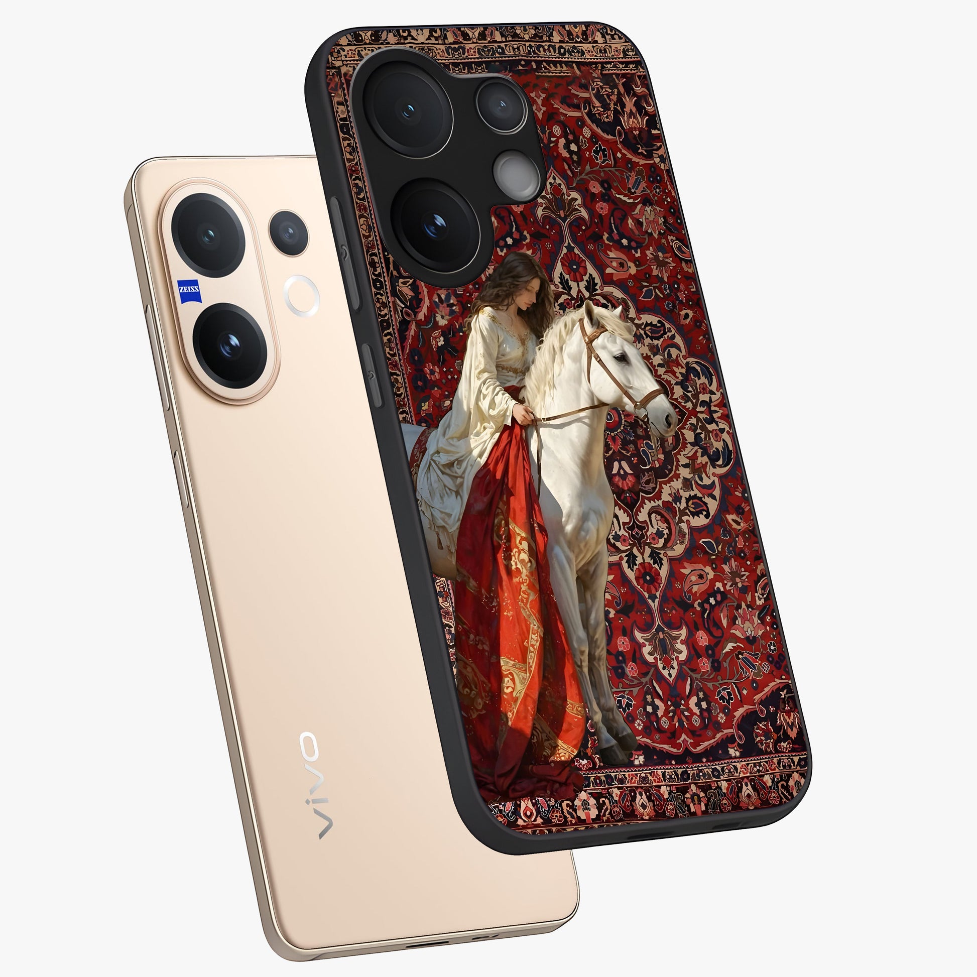 Royal Rider Tapestry Glass Case displayed in angled mockup highlighting traditional tapestry design with royal heritage aesthetic.