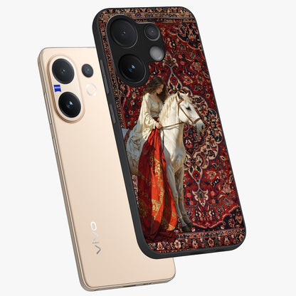 Royal Rider Tapestry Glass Case displayed in angled mockup highlighting traditional tapestry design with royal heritage aesthetic.