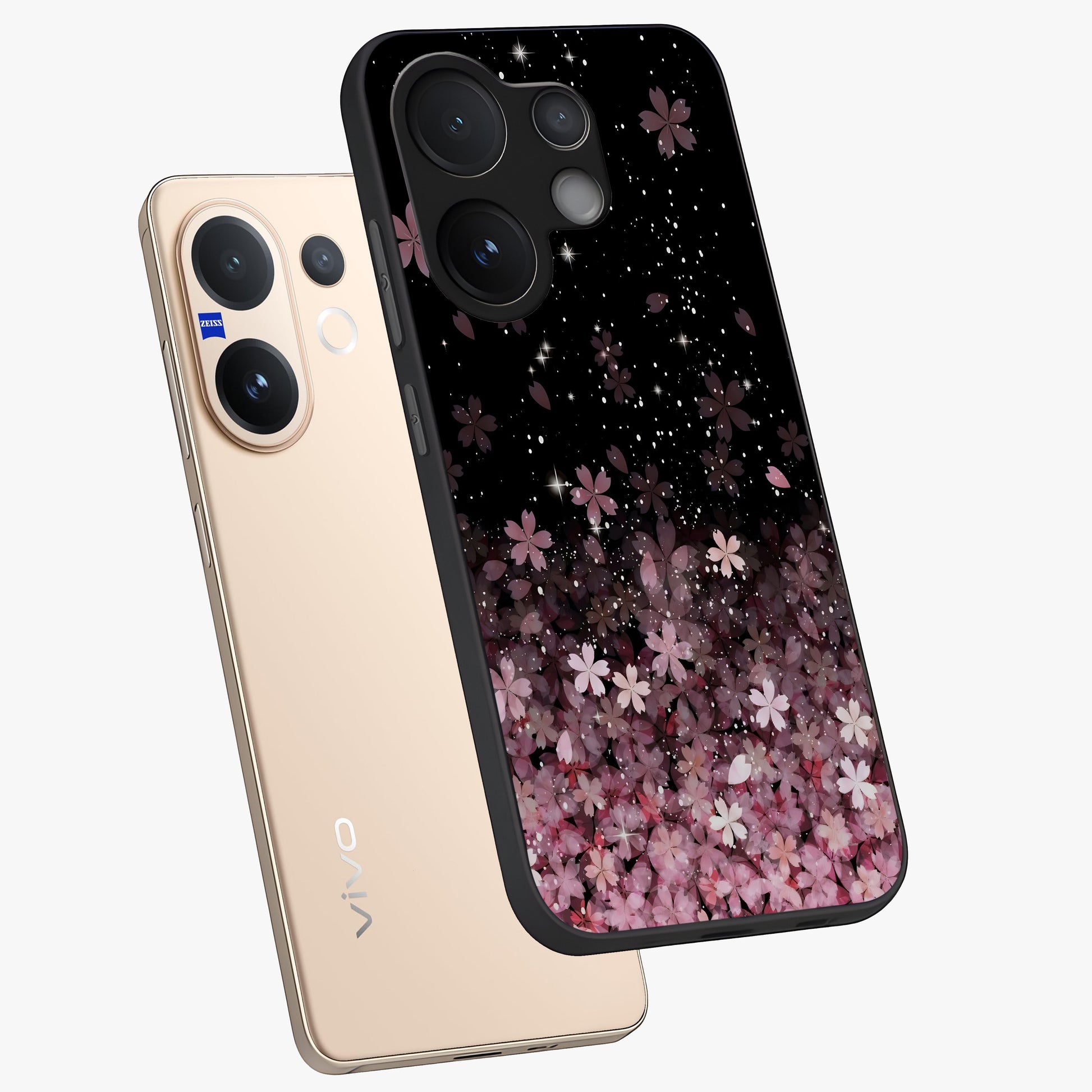 Small Starry Flowers Glass Case displayed in angled mockup highlighting tiny flower pattern with celestial aesthetic style.