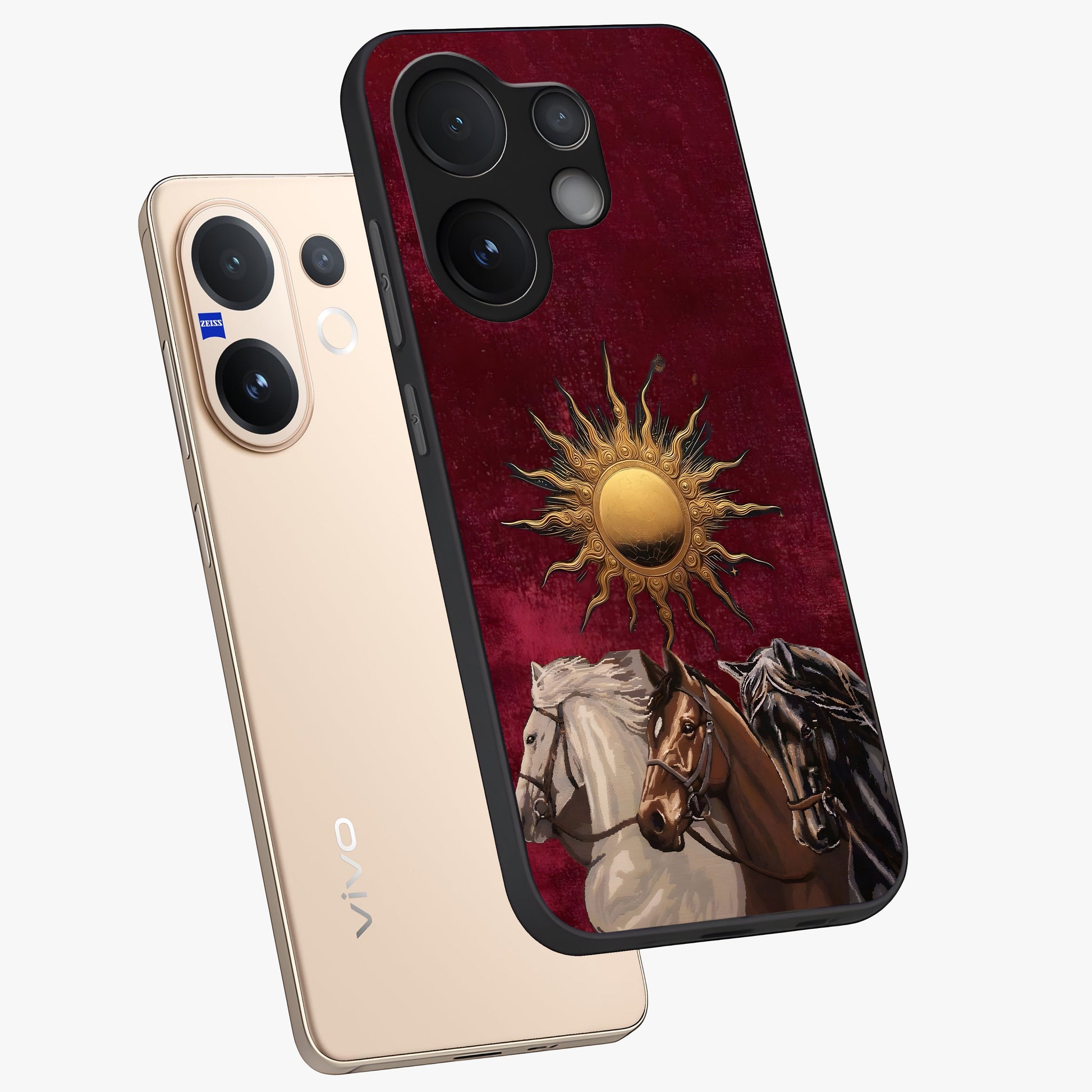 Solar Riders Glass Case displayed in angled mockup highlighting powerful rider illustration with radiant solar aesthetic.