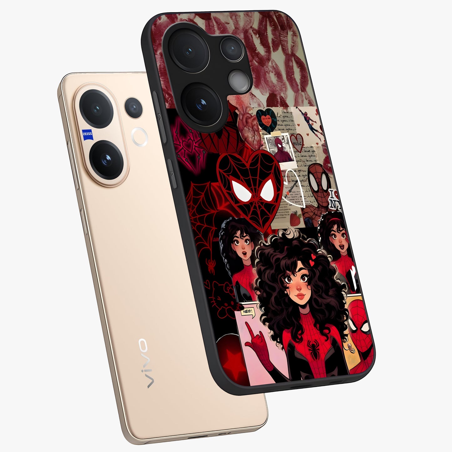 Spider Love Story Glass Case displayed in angled mockup highlighting expressive comic inspired design with playful aesthetic.
