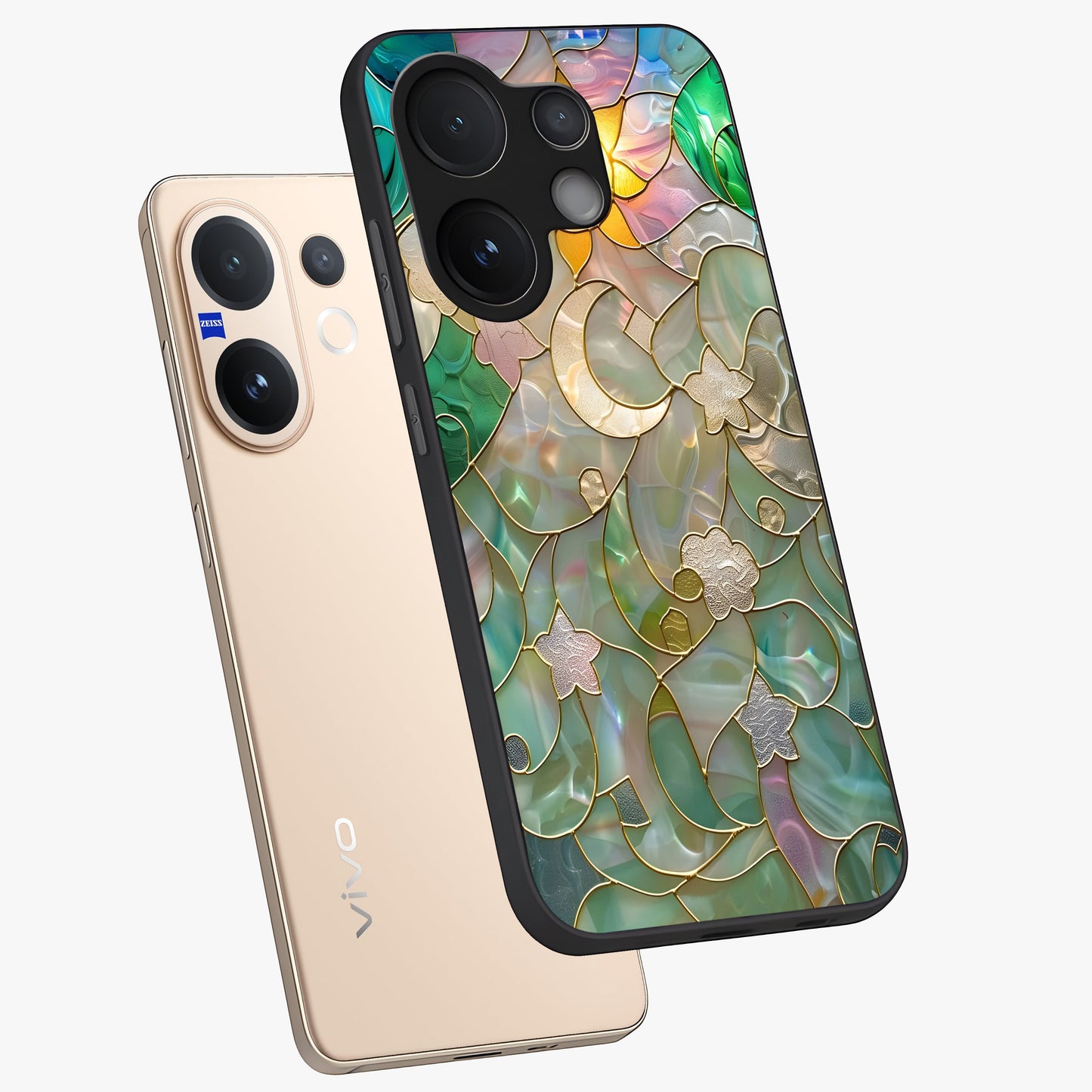 Stained Sunrise Glow Glass Case displayed in angled mockup highlighting radiant sunrise design with artistic aesthetic style.