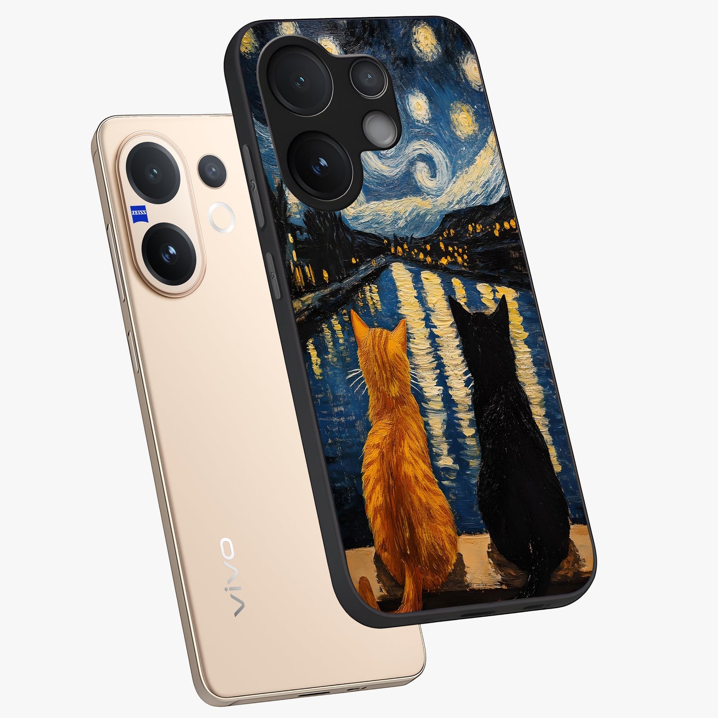 Starry River Cats Glass Case displayed in angled mockup highlighting charming feline illustration with dreamy night aesthetic.