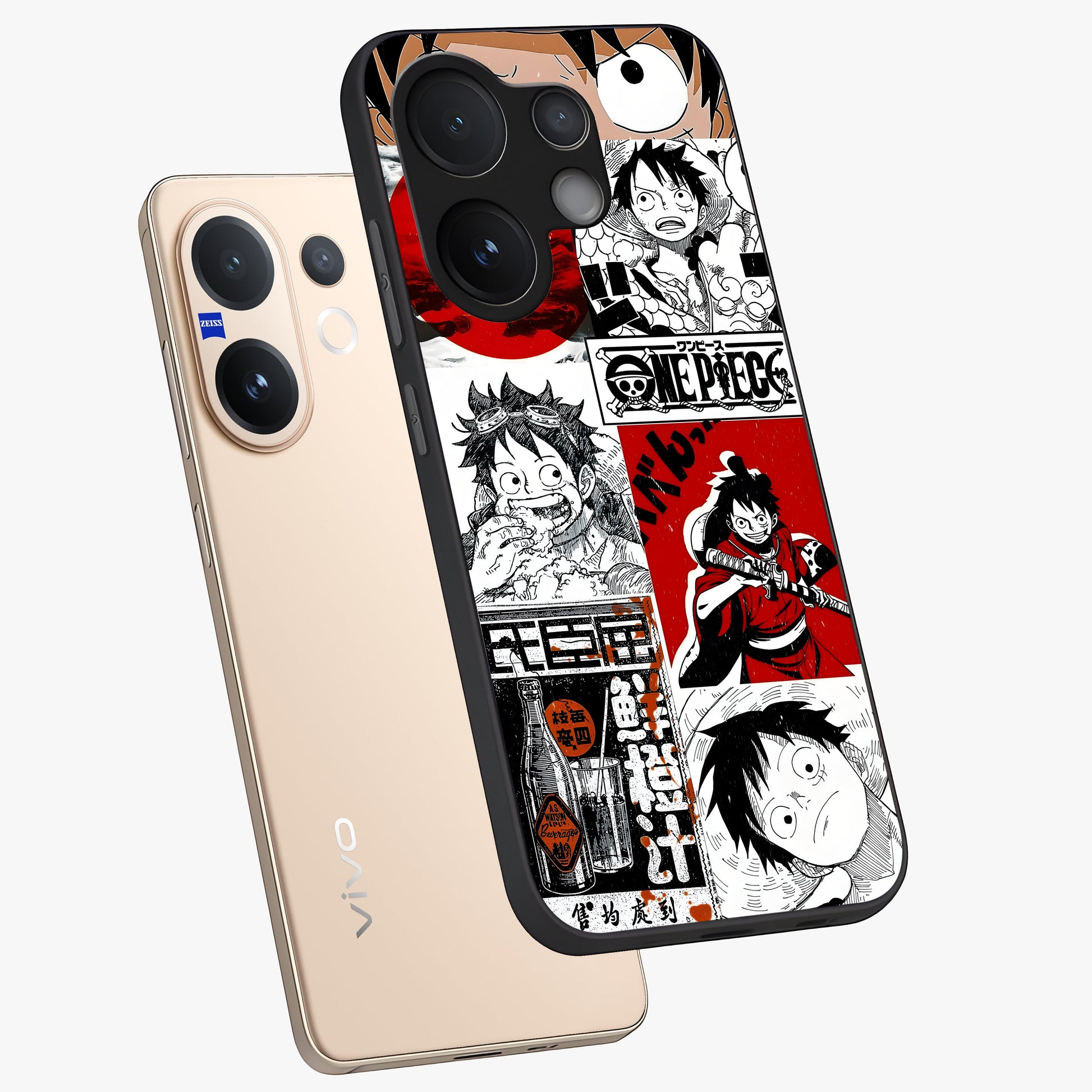 Strawhat Chaos Panels Glass Case displayed in angled mockup highlighting vibrant anime collage design with action aesthetic.