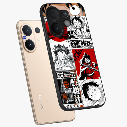 Strawhat Chaos Panels Glass Case displayed in angled mockup highlighting vibrant anime collage design with action aesthetic.