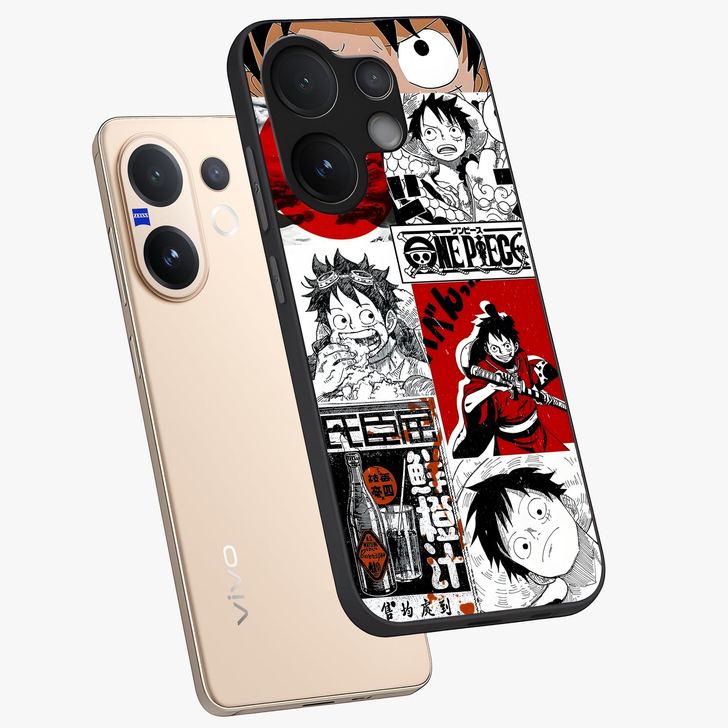 Strawhat Chaos Panels Glass Case displayed in angled mockup highlighting vibrant anime collage design with action aesthetic.