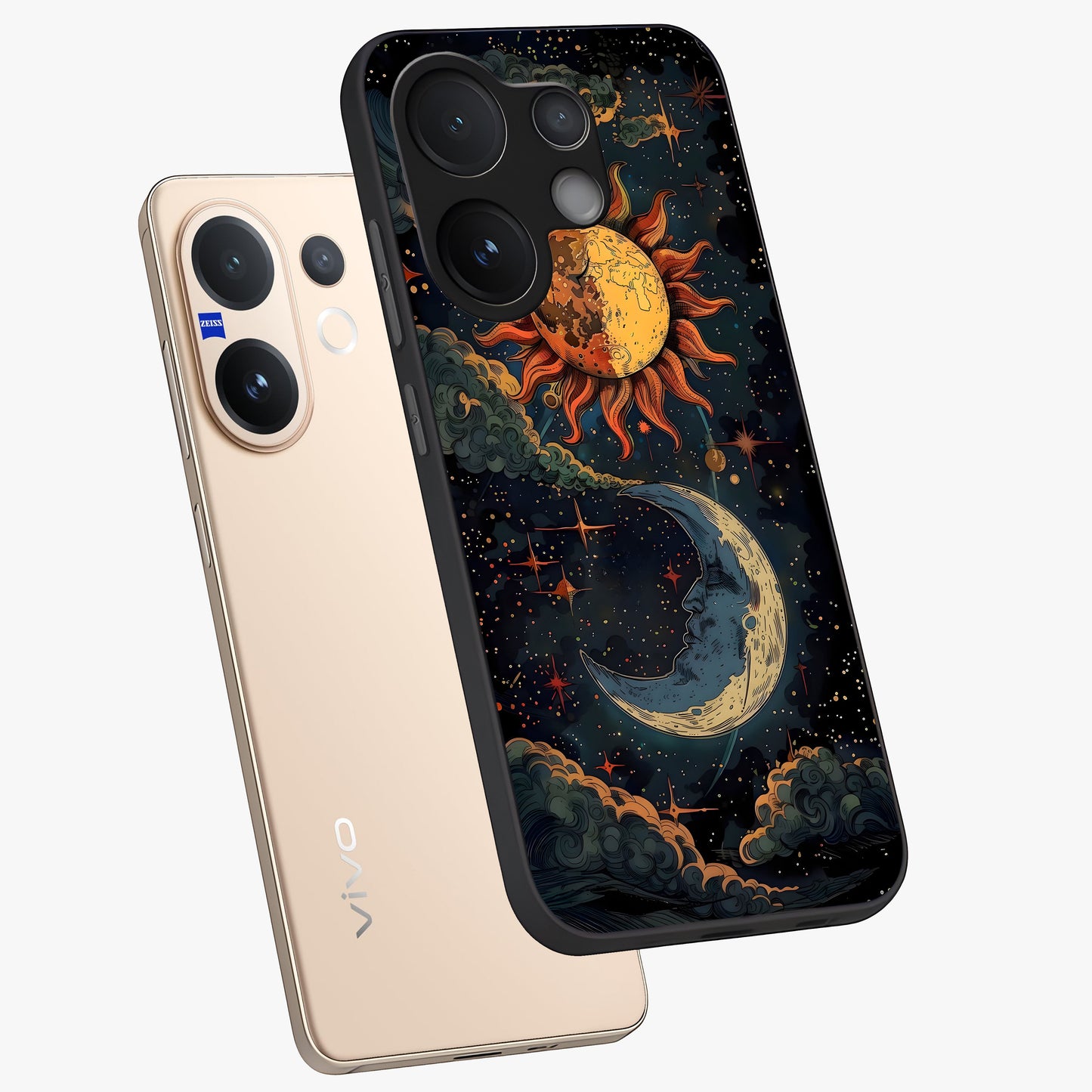 Sun And Moon Magic Design Glass Case displayed in angled mockup highlighting celestial design with magical cosmic aesthetic.