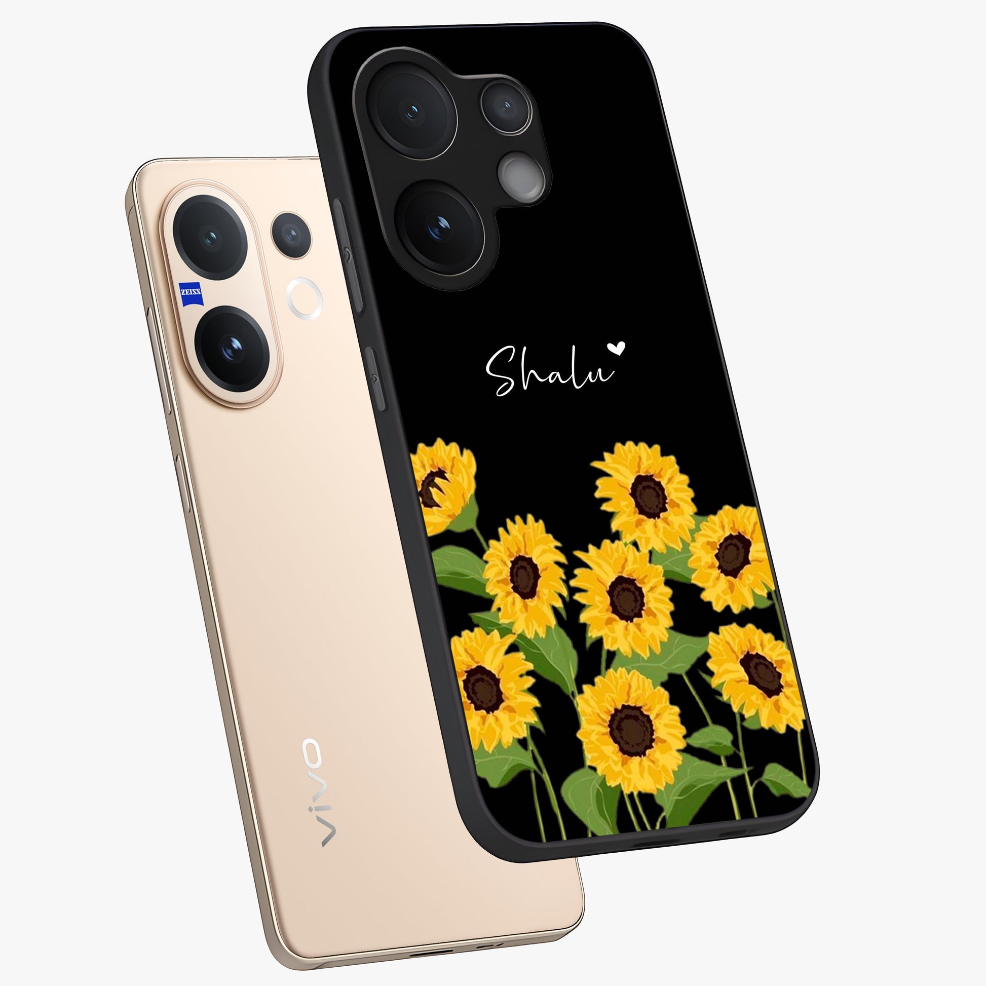 Sunflower Chic Mood Custom Name Glass Case displayed in angled mockup highlighting vibrant sunflower design with custom name feature.