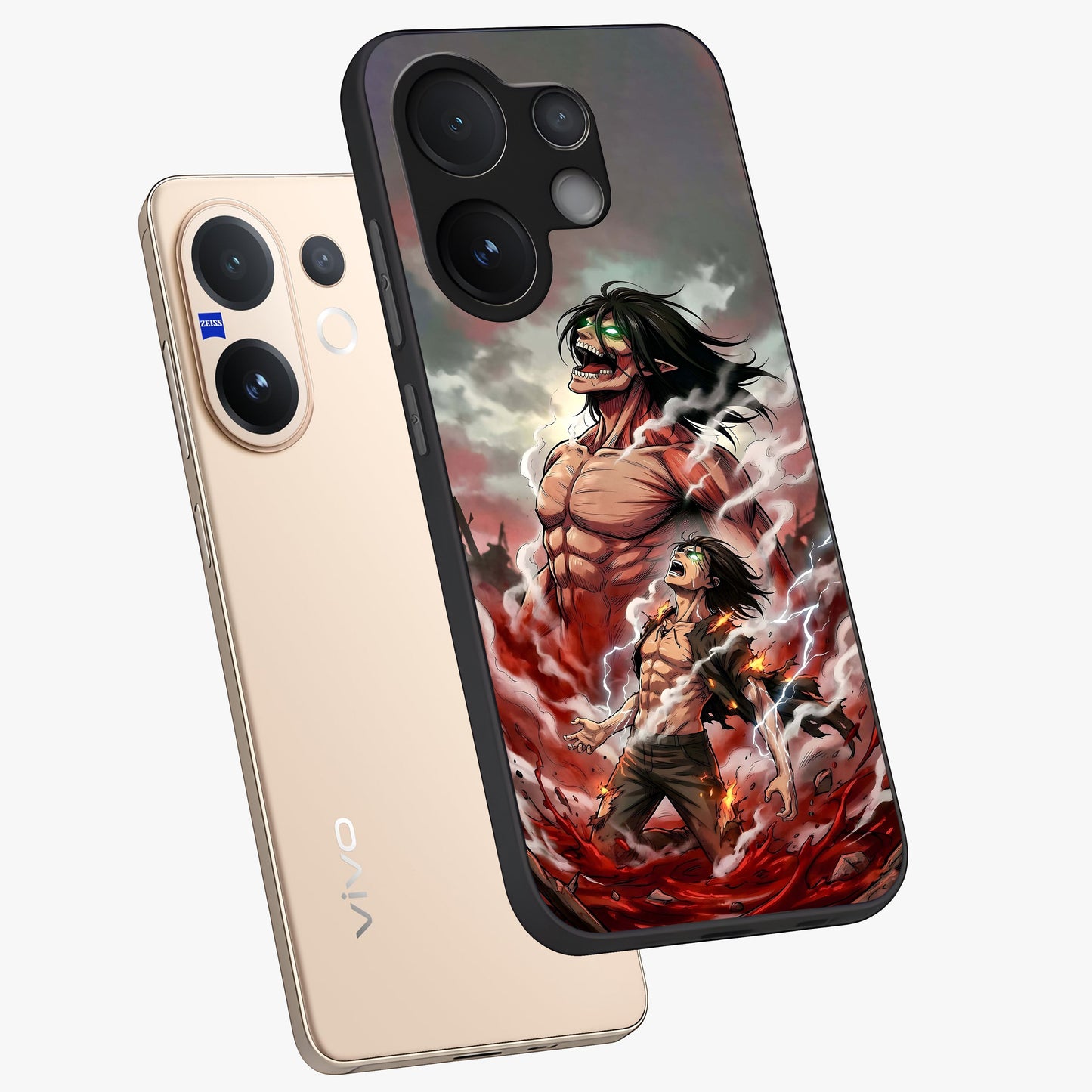 Titan Awakening Fury Glass Case displayed in angled mockup highlighting dramatic giant warrior design with bold anime aesthetic.