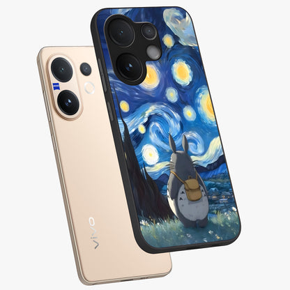 Totoro In Van Gogh Art Glass Case displayed in angled mockup highlighting artistic swirling sky design with playful animation aesthetic.