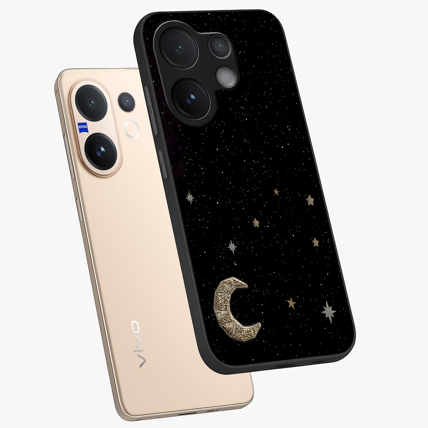 Twinkle Star With Half Moon Glass Case displayed in angled mockup highlighting celestial moon and star design with magical aesthetic.
