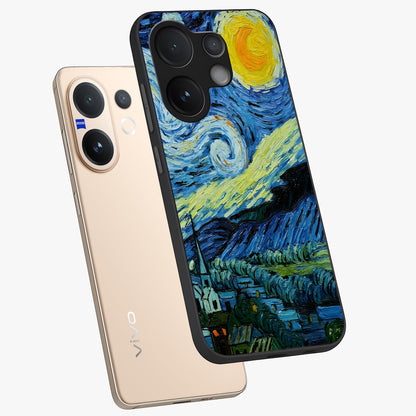 Van Gogh Art Glass Case displayed in angled mockup highlighting swirling brushstroke design with artistic aesthetic.