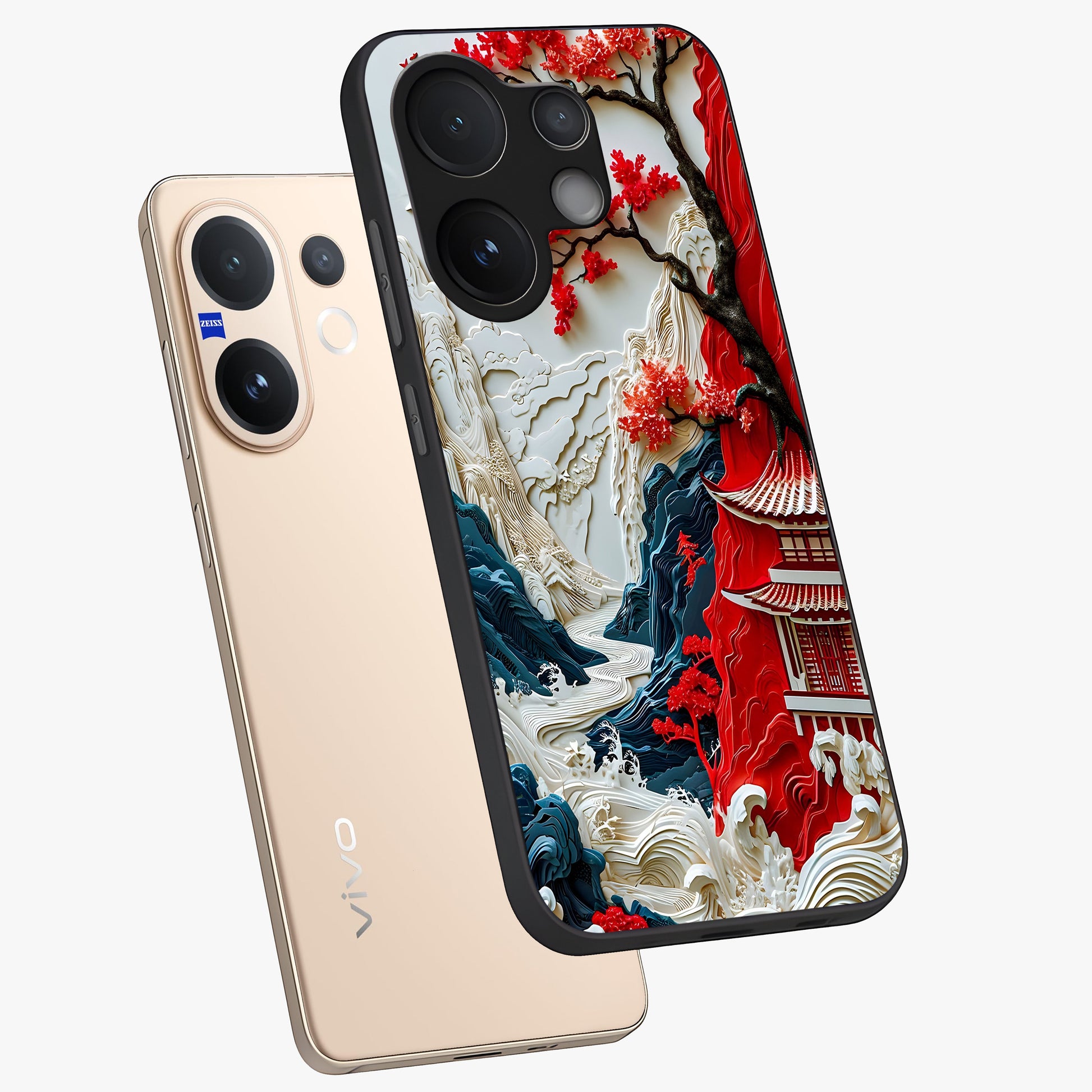 Whispers Of Sakura Waves Glass Case displayed in angled mockup highlighting flowing sakura design with soft floral aesthetic.