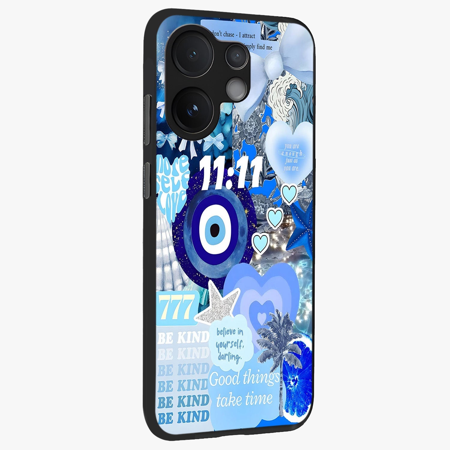 Aesthetic Be Kind Eye Glass Case upright view showcasing stylish eye illustration with positive message theme.