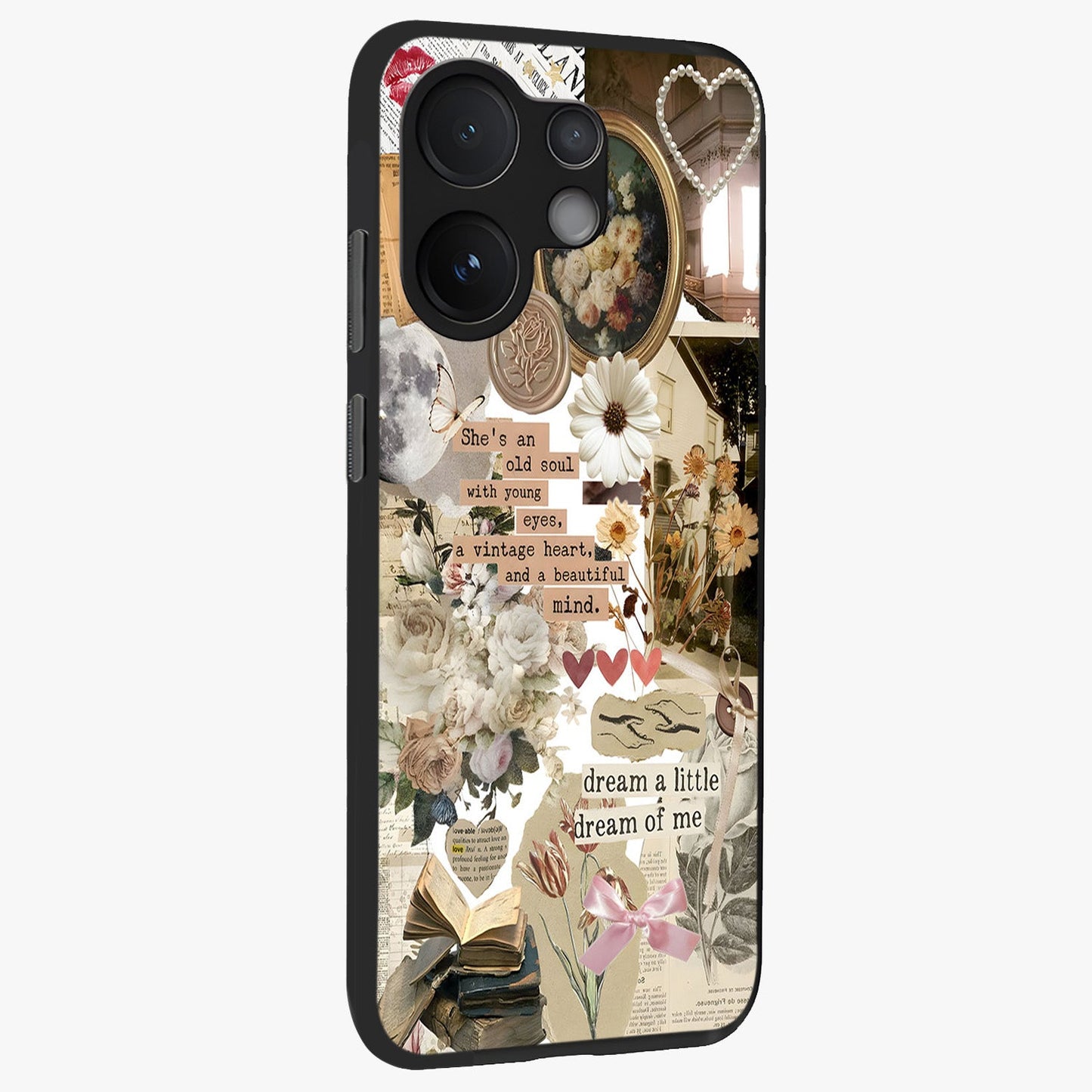 Aesthetic Brown Vintage Collage Glass Case upright view showcasing nostalgic retro artwork with stylish vintage theme.