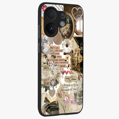 Aesthetic Brown Vintage Collage Glass Case upright view showcasing nostalgic retro artwork with stylish vintage theme.