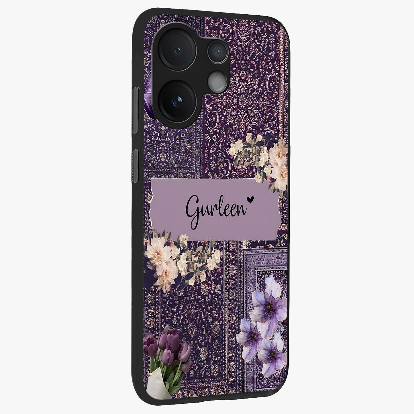 Antique Floral Whisper Custom Name Glass Case upright view showcasing delicate floral artwork with custom name feature.