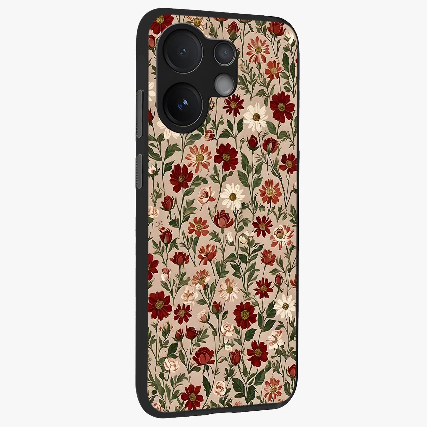 Biege Flower With Leaf Glass Case upright view showcasing delicate beige flower illustration with clean botanical style.