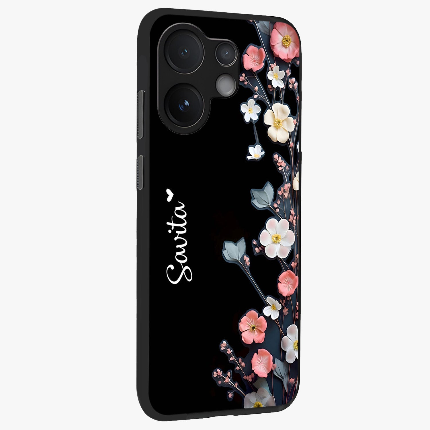 Black Elegance Floral Custom Name Glass Case upright view showcasing luxurious black floral design with personalized name detail.