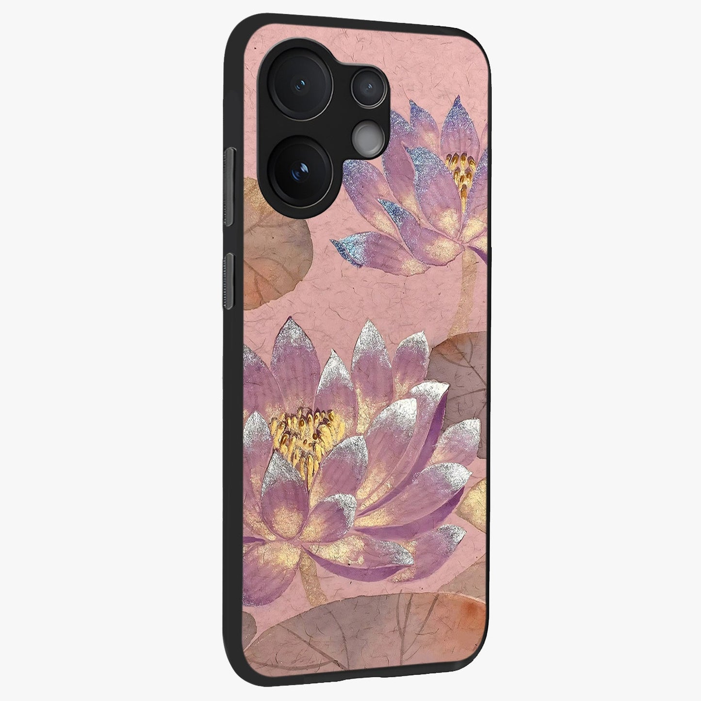 Blossom Mist Lotus Glass Case upright view showcasing graceful lotus flower design with peaceful botanical style.