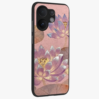 Blossom Mist Lotus Glass Case upright view showcasing graceful lotus flower design with peaceful botanical style.