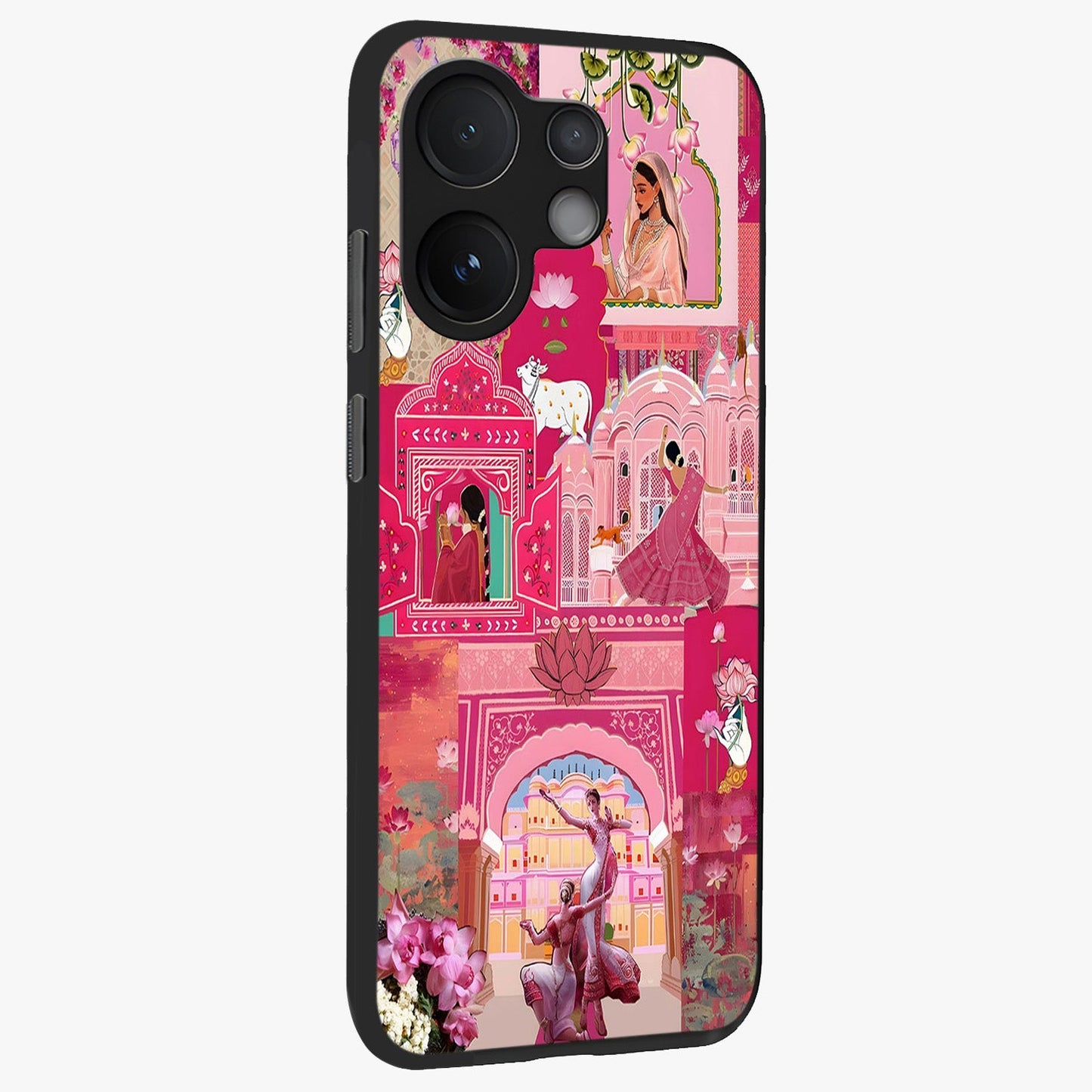 Blossoms of Rajasthan Glass Case upright view showcasing colorful floral design inspired by traditional Indian art.