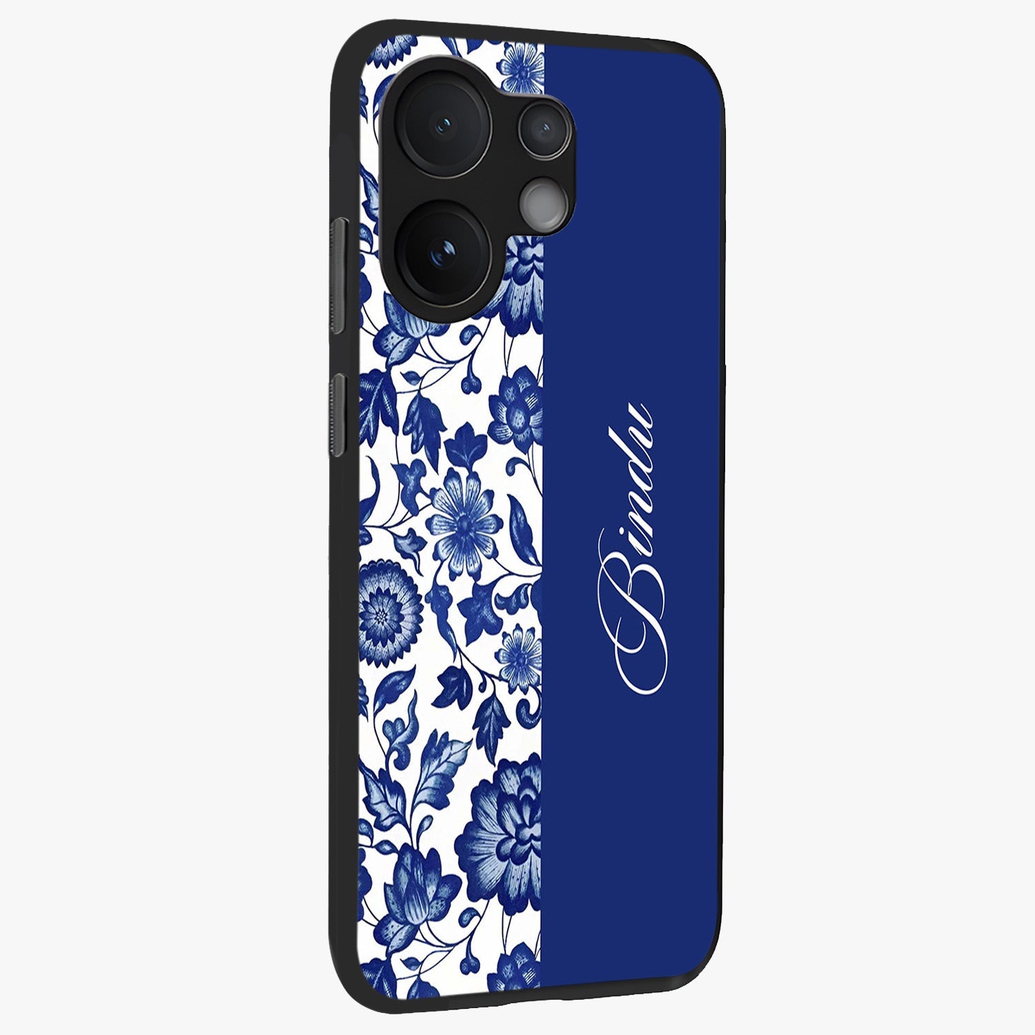 Blue Vintage Floral Pattern Glass Case upright view showcasing delicate blush floral texture with modern minimal style.