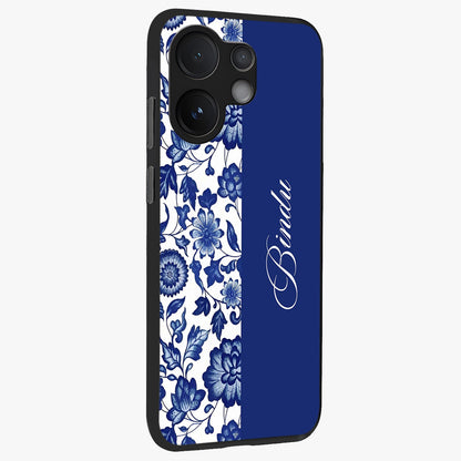 Blue Vintage Floral Pattern Glass Case upright view showcasing delicate blush floral texture with modern minimal style.