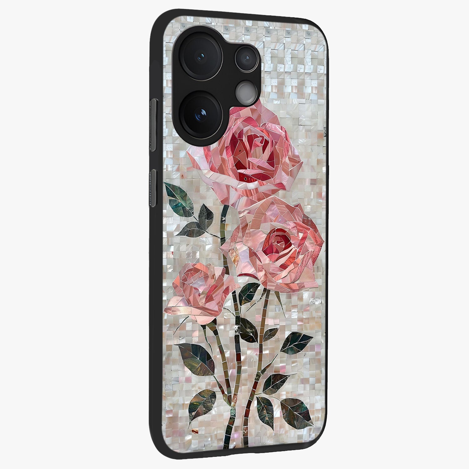 Blush Mosaic Bloom Glass Case upright view showcasing decorative floral mosaic artwork with stylish modern aesthetic.
