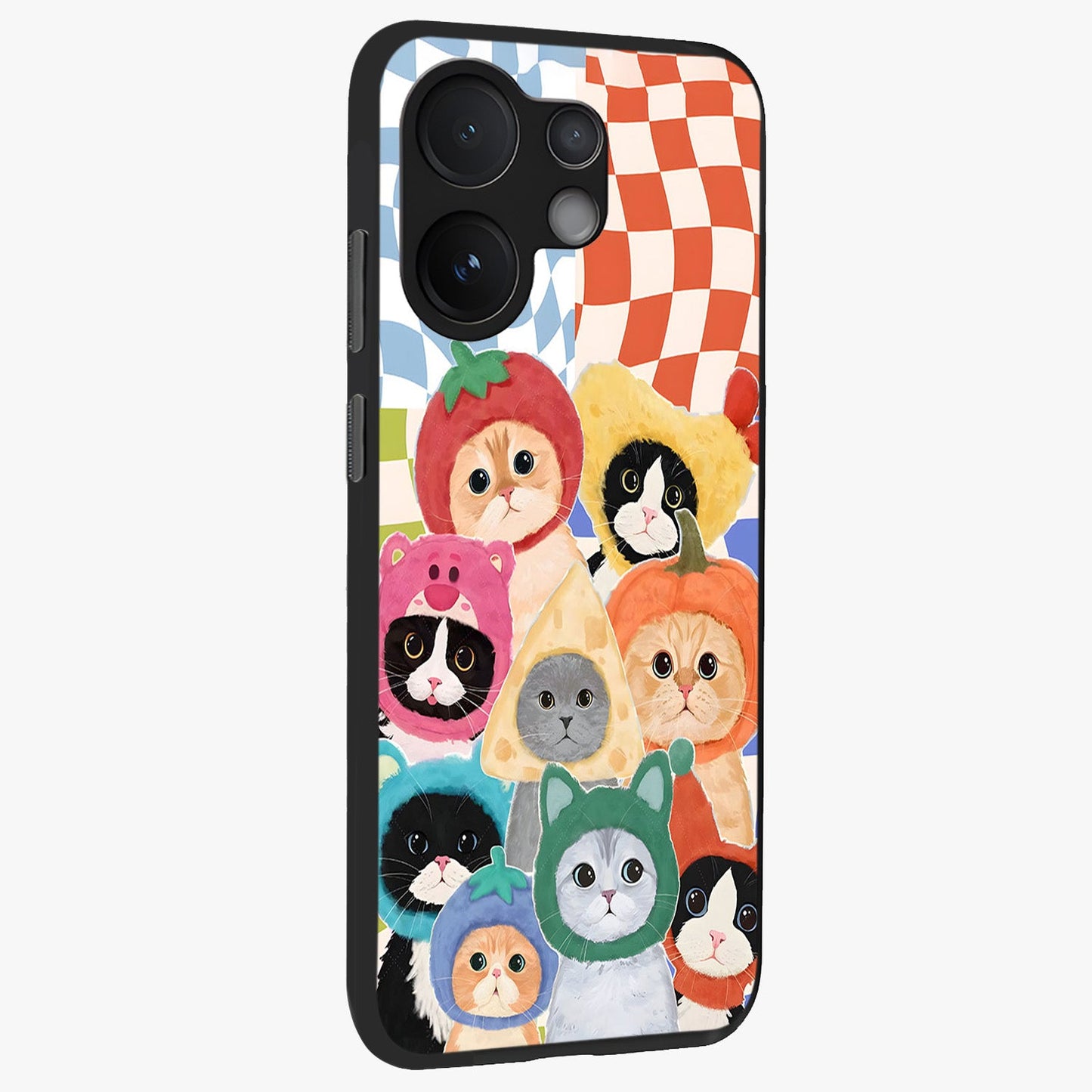Cats in Fruits Glass Case upright view showcasing charming cat artwork with fun fruity theme.