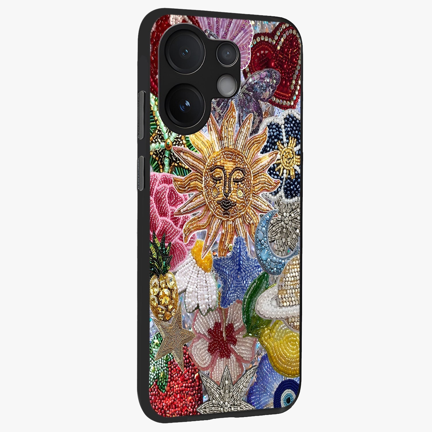 Celestial Floral and Playful Glass Case upright view showcasing whimsical floral artwork with cosmic aesthetic theme.