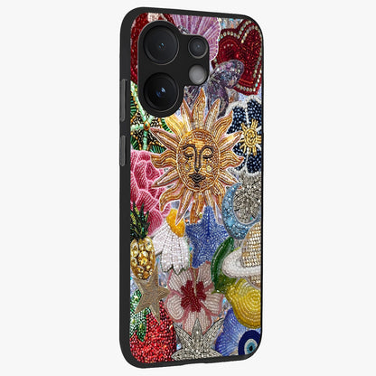 Celestial Floral and Playful Glass Case upright view showcasing whimsical floral artwork with cosmic aesthetic theme.