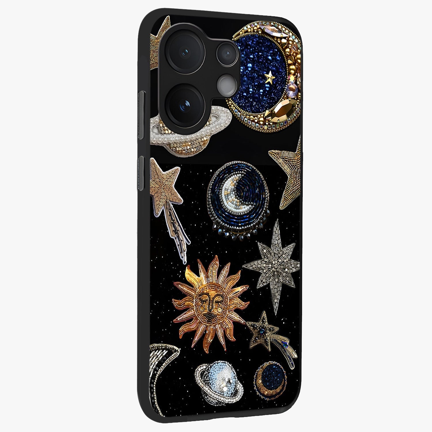 Celestial Gem Constellations Glass Case upright view showcasing cosmic constellation artwork with celestial aesthetic style.
