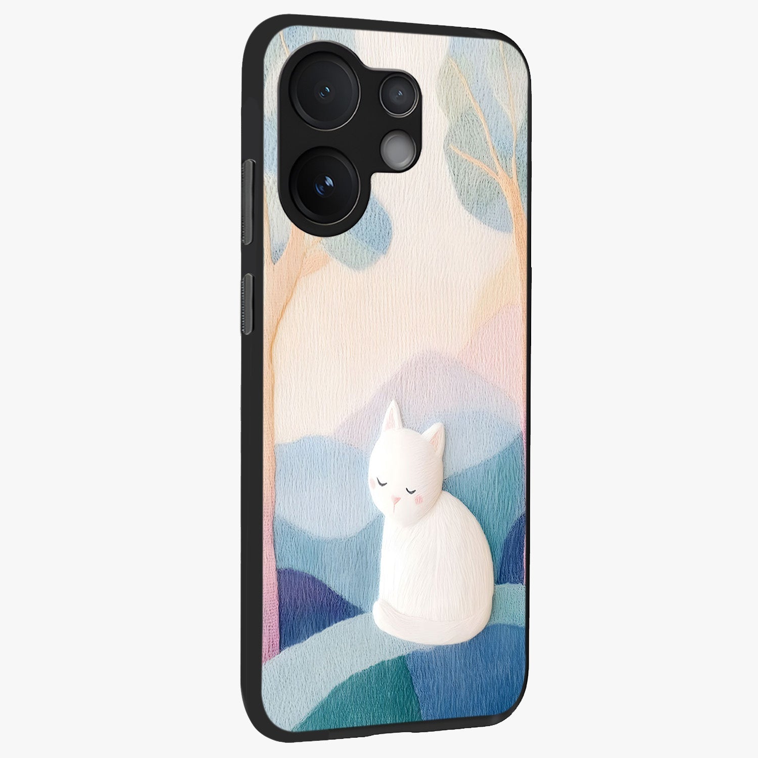 Cotton Dream Cat Glass Case upright view showcasing charming cat artwork with cozy dreamy theme.