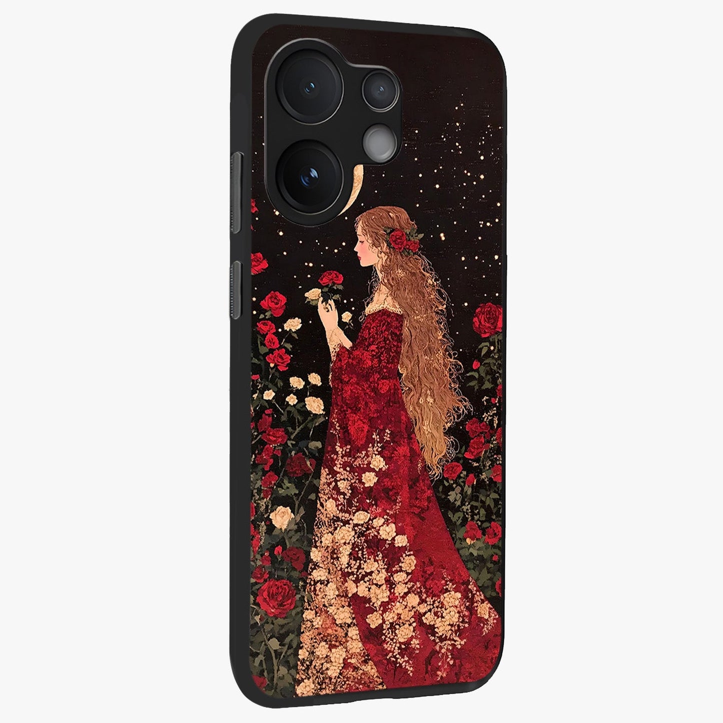 Crimson Dreams Glass Case upright view showcasing dreamy red toned artwork with modern aesthetic style.