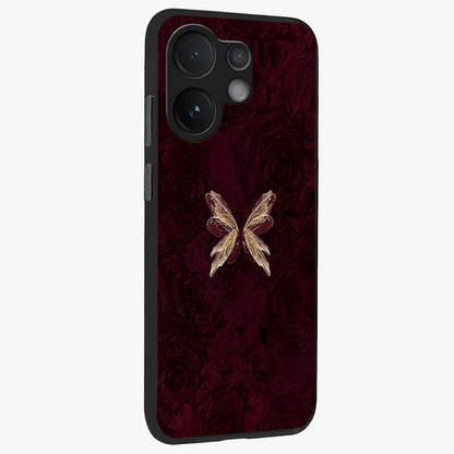 Crimson Fade Butterfly Glass Case upright view showcasing graceful butterfly artwork with soft crimson fade effect.