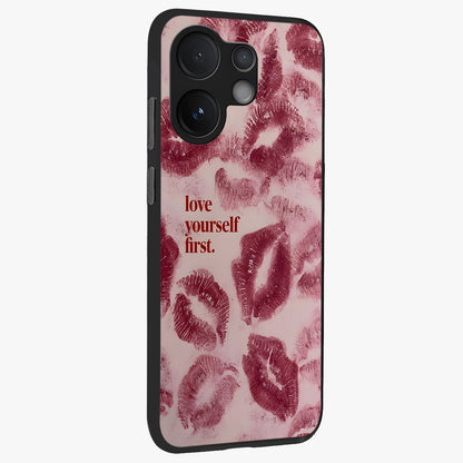 Crimson Kiss Love Glass Case upright view showcasing expressive romantic artwork with deep crimson theme.