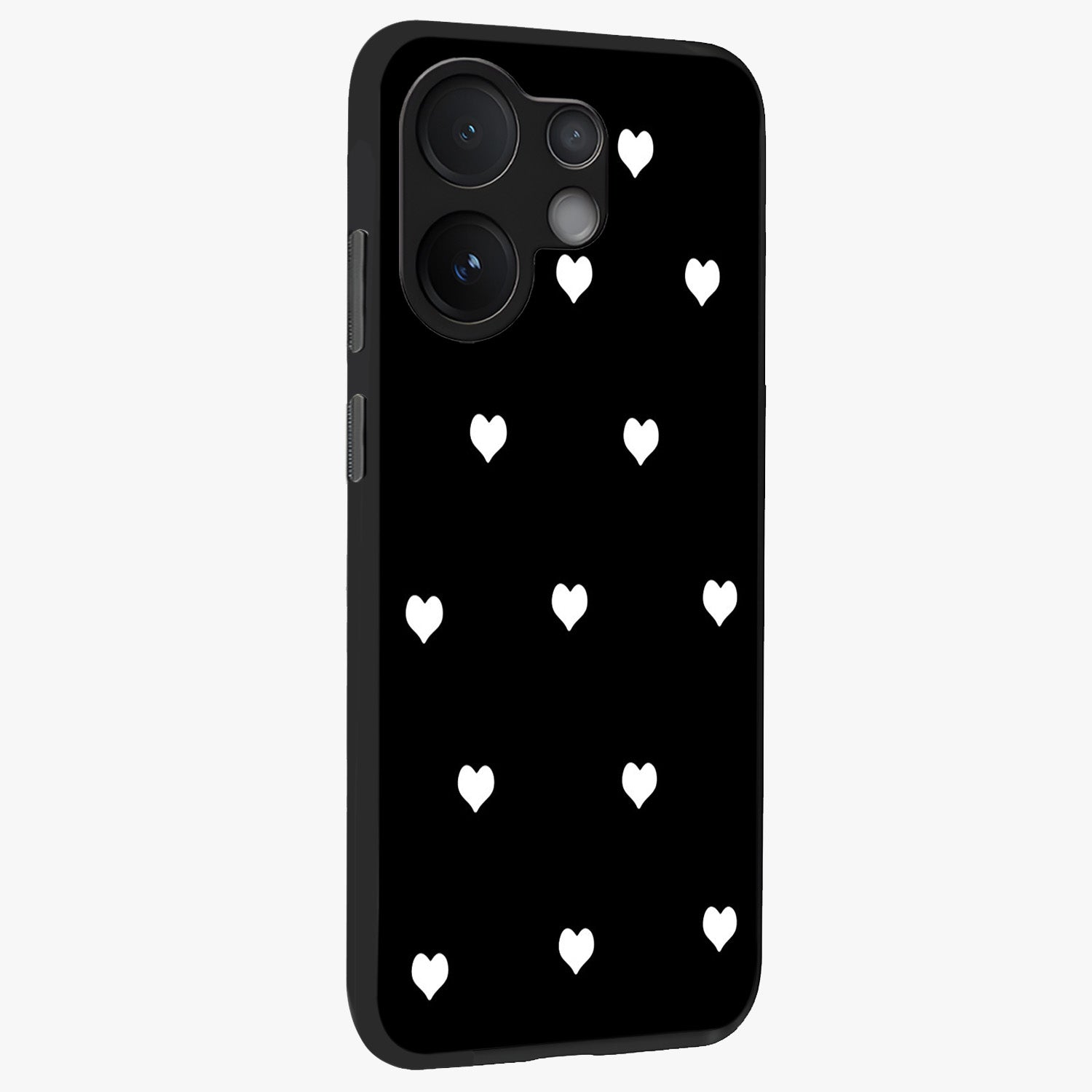 Cute And Simple White Hearts Glass Case upright view showcasing simple white hearts artwork with soft minimal theme.