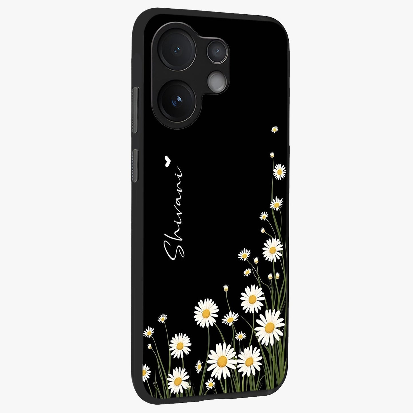 Daisy Cascade Custom Name Glass Case upright view showcasing elegant floral cascade design with personalized aesthetic.