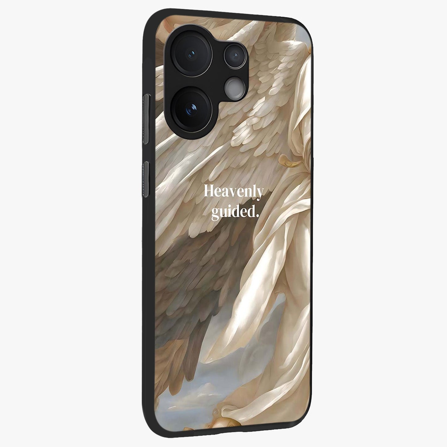 Divine Winged Grace Glass Case upright view showcasing spiritual wing artwork with soft celestial theme.