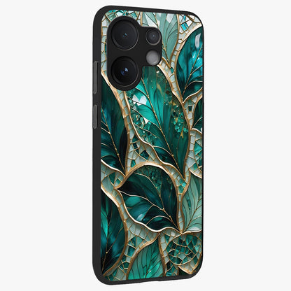 Emerald Leaf Glass Glass Case upright view showcasing fresh green leaf artwork with calming nature inspired style.
