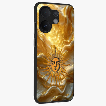 Eternal Golden Glow Glass Case upright view showcasing luminous golden artwork with luxurious visual theme.